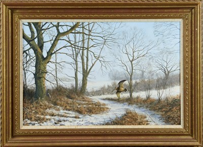 Lot 916 - Julian Novorol oil on canvas - woodcock in snow covered woodland, signed and dated, in gilt frame