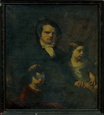 Lot 1092 - William Huggins (1820 - 1884), pair oils on canvas - portraits of a lady and gentleman with children