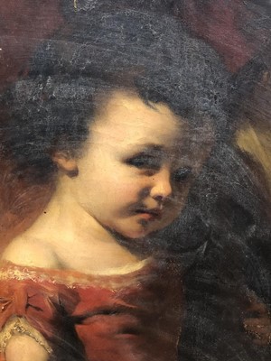 Lot 1092 - William Huggins (1820 - 1884), pair oils on canvas - portraits of a lady and gentleman with children