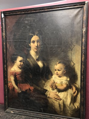 Lot 1092 - William Huggins (1820 - 1884), pair oils on canvas - portraits of a lady and gentleman with children