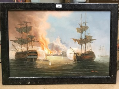 Lot 59 - James Hardy, 20th century, A Sea Battle off a city, oil on canvas laid on