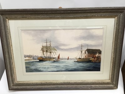 Lot 155 - Ken Hammond (b. 1948) Harbour with Sailing Vessels and figures, signed, mixed media