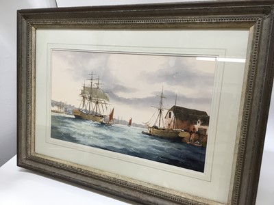 Lot 155 - Ken Hammond (b. 1948) Harbour with Sailing Vessels and figures, signed, mixed media