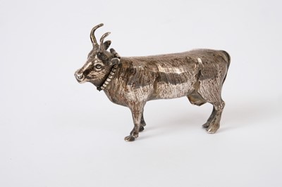 Lot 223 - 19th century Continental silver box naturalisticaslly modelled as a cow with hinged head, import marks for Sheffield 1897, importer Samuel Boyce, all at 1.5oz,  9cm in overall length
