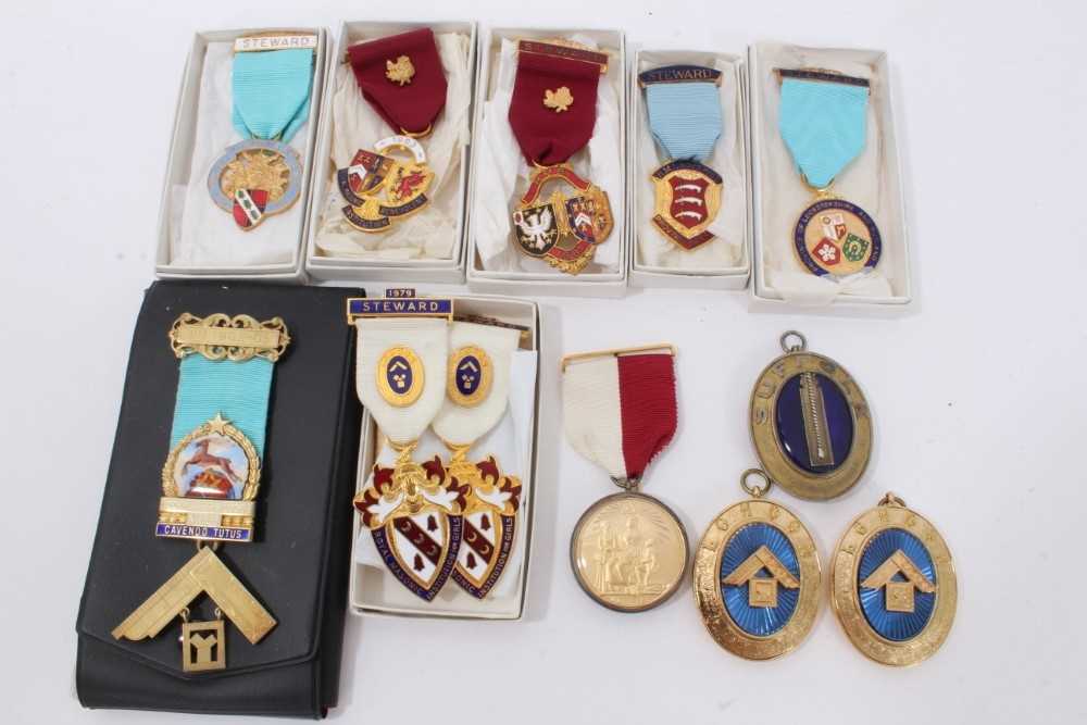 Lot 103 - Masonic jewels to include a silver gilt and enamel jewel for the Cockfosters Lodge, silver Adair Lodge Suffolk jewel and 9 other gilt metal and enamel Masonic jewels