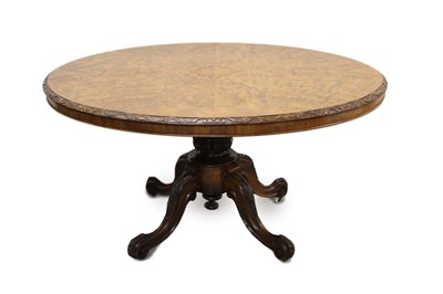 Lot 1225 - Victorian burr walnut veneered oval loo table on carved pedestal base bearing stamp 'Gillows'