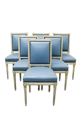 Lot 1283 - Set of six Louis XVI style French cream painted blue leather upholstered side chairs