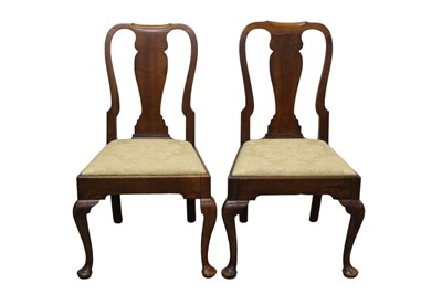 Lot 1291 - Pair of George I walnut side chairs, each with solid vase shaped splat on cabriole legs