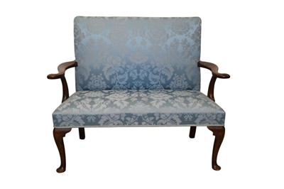 Lot 1292 - Mid 18th century walnut sofa with scrolled arms and blue silk damask upholstery