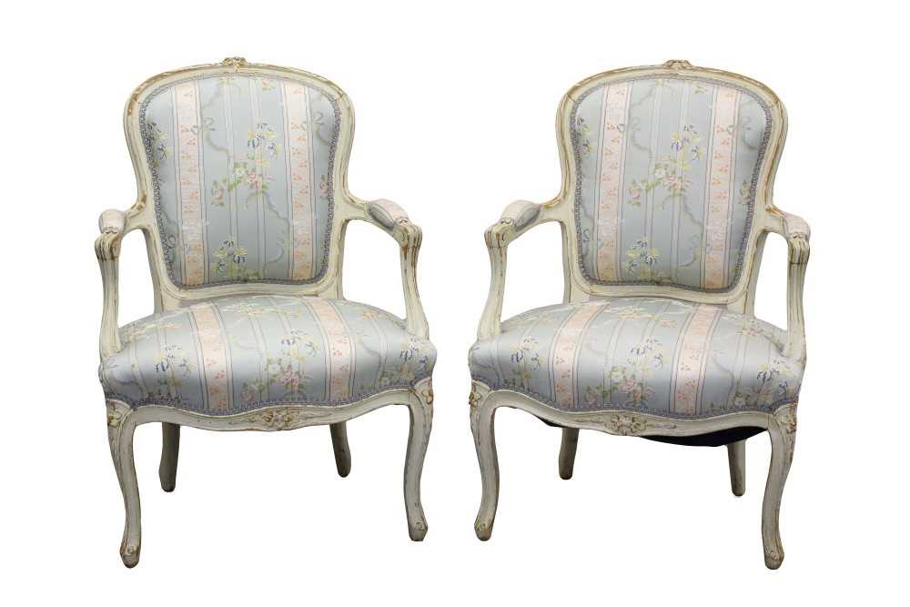 Lot 744 - Pair of 19th century French cream painted open armchairs