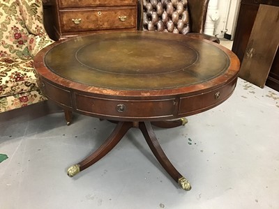 Lot 1295 - 19th century style mahogany drum library table with tooled leather top, 121cm diameter