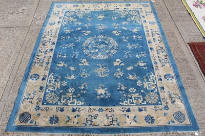 Lot 1387 - Chinese rug with Wedgwood blue ground and auspicious symbols. 362 x 280cm