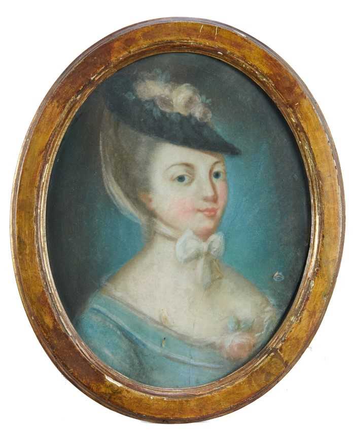 Lot 31 - French School, 18th century, pair of pastel portraits of ladies in fashionable costume, oval glazed gilt frames, 35 x 30cm