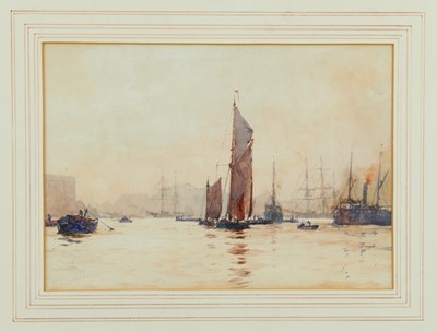 Lot 1077 - Charles Edward Dixon (1872-1934), watercolour, Barges on the Thames, signed and dated ‘96, 23 x 32cm