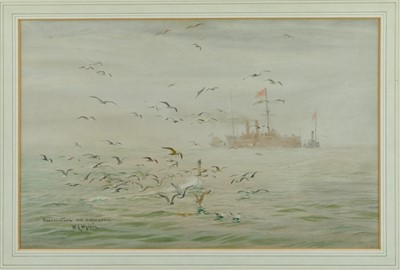 Lot 1040 - William Lionel Wyllie (1851-1931) watercolour - Bonaventure and submarine, signed and titled, in glazed gilt frame, 28cm x 43cm