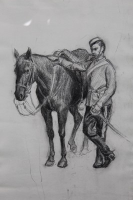 Lot 1045 - Robert Dryden Alexander pencil drawing - cavalry trooper and horse, inscribed and dated 7.12.96, in glazed oak frame