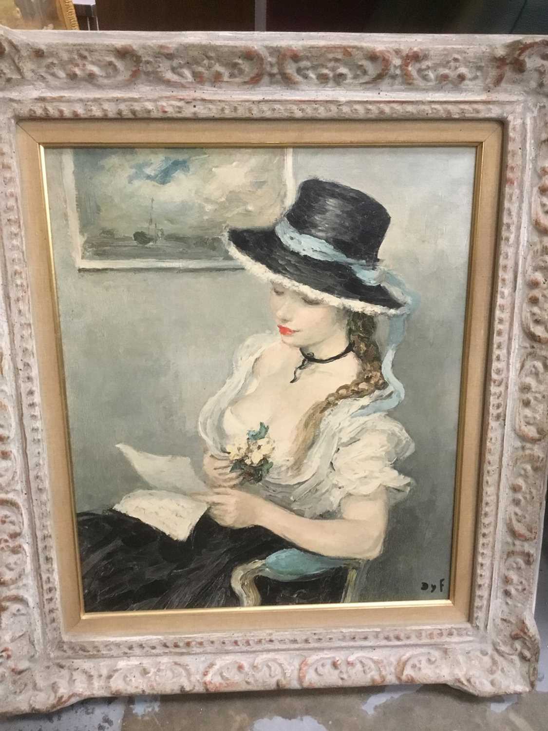 Lot 138 - After Marcel Dyf (1899-1985), chromolithograph, Girl reading a letter, signed, 51 x 45cm framed