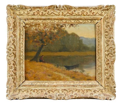 Lot 1075 - Maurice Chabas (1862-1947) oil on canvas, figure beside a lake, indistinctly signed, 30 x 38cm, framed