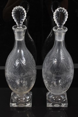 Lot 157 - Good quality pair of Regency cut glass decanters, with faceted pear-shaped stoppers, on square bases, 35cm height