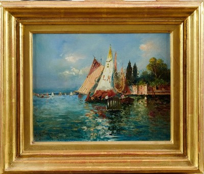 Lot 1081 - M L Jotta (early 20th century) oil on canvas, Marine scene, indistinctly signed and inscribed Venice?, 19 x 24cm, gilt frame