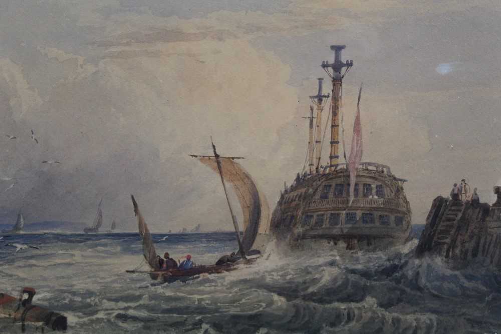 Lot 131 - English School, 19th century, Three-masted ship off a pier, apparently unsigned, 24 x 34cm