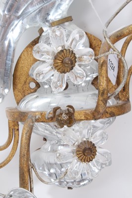 Lot 1324 - Unusual pair of Continental crystal and gilt metal twin branch wall lights with bird ornament