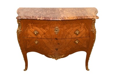 Lot 1300 - Louis XV-style kingwood and marquetry inlaid bombe commode with variegated marble top and enclosed by floral inlaid drawers with gilt metal mounts, 116cm wide