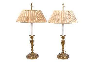 Lot 1309 - Pair of Louis XVI style Continental ormolu candlesticks, converted to lamps