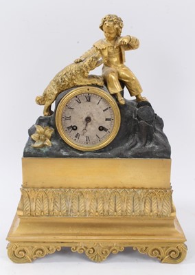 Lot 646 - Mid-19th century Continental gilt bronze mantle clock with silvered dial and drum movement