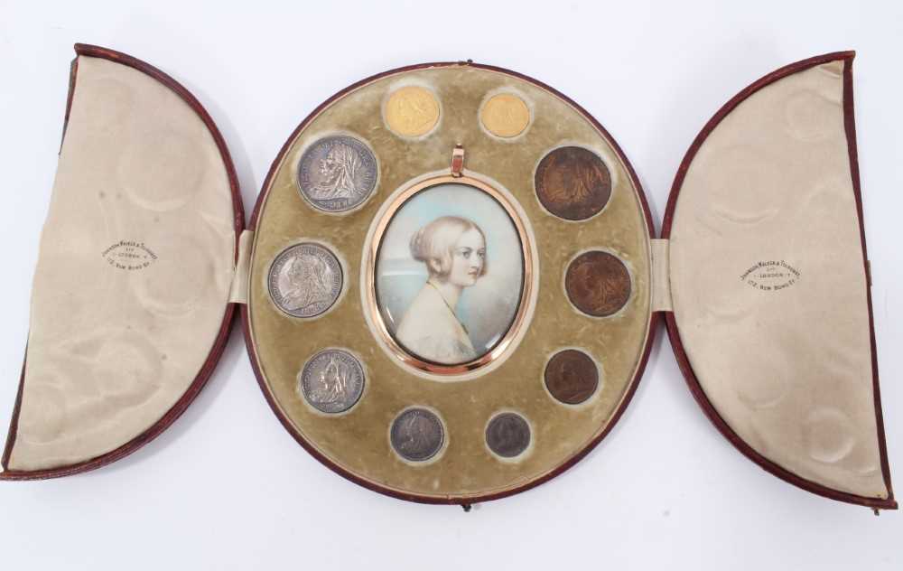 Lot 11 - Fine Queen Victoria commemorative minature portrait and 1901 coin set in fitted box