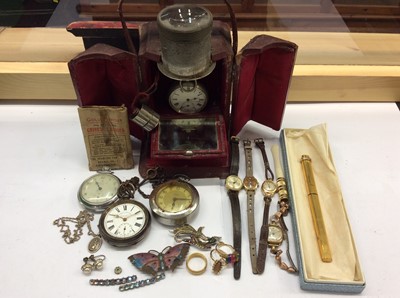 Lot 722 - Unusual Victorian magnifying red leather watch case, pocket watches and costume jewellery