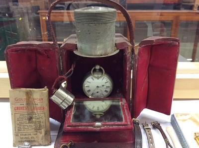 Lot 722 - Unusual Victorian magnifying red leather watch case, pocket watches and costume jewellery