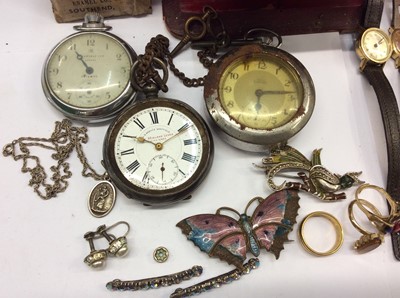 Lot 722 - Unusual Victorian magnifying red leather watch case, pocket watches and costume jewellery