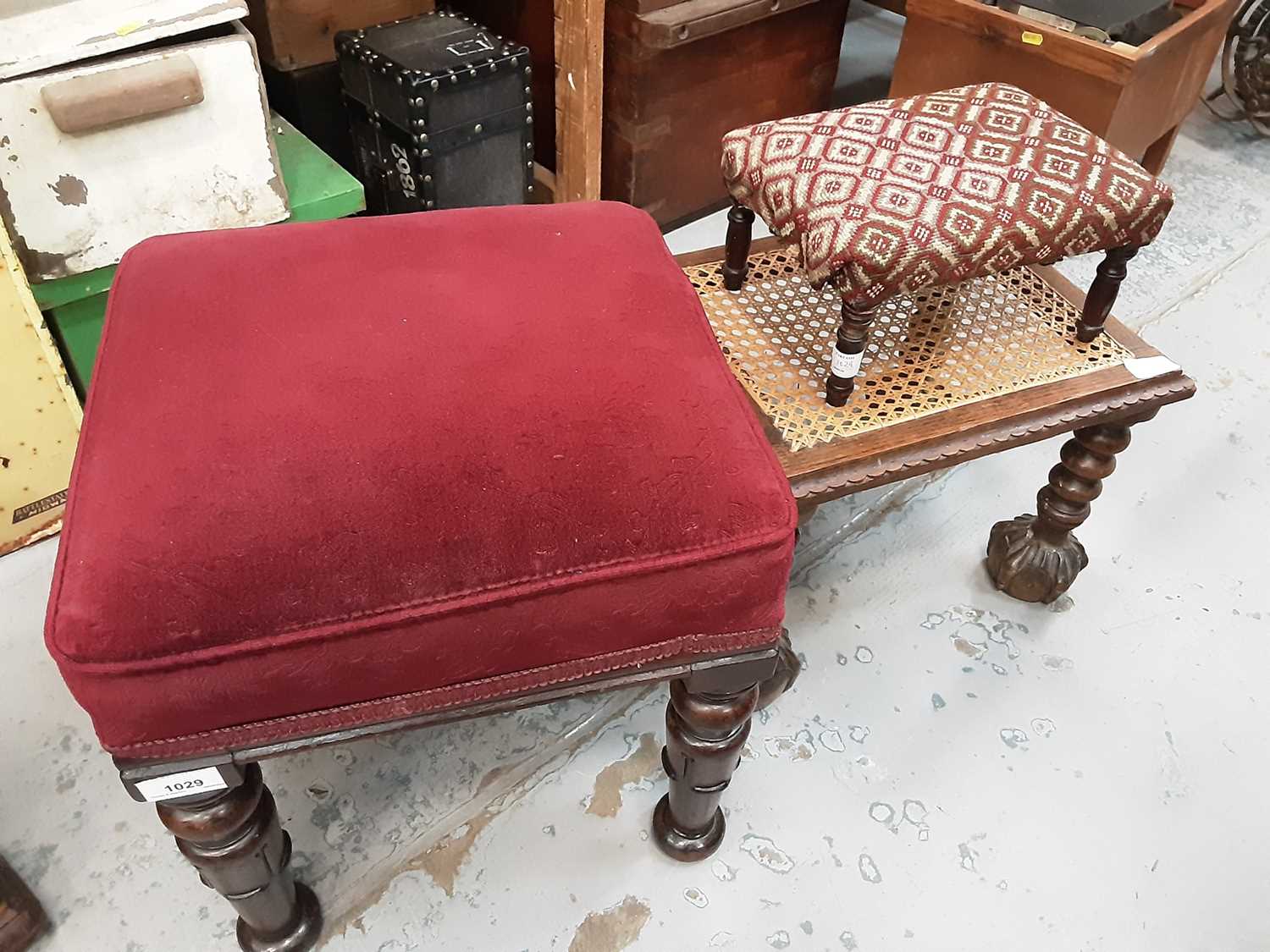 Lot 1029 - Three foot stools, sewing machine and Kilim style rug