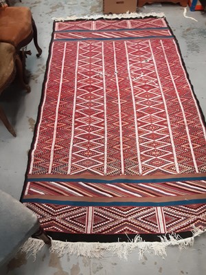 Lot 1029 - Three foot stools, sewing machine and Kilim style rug