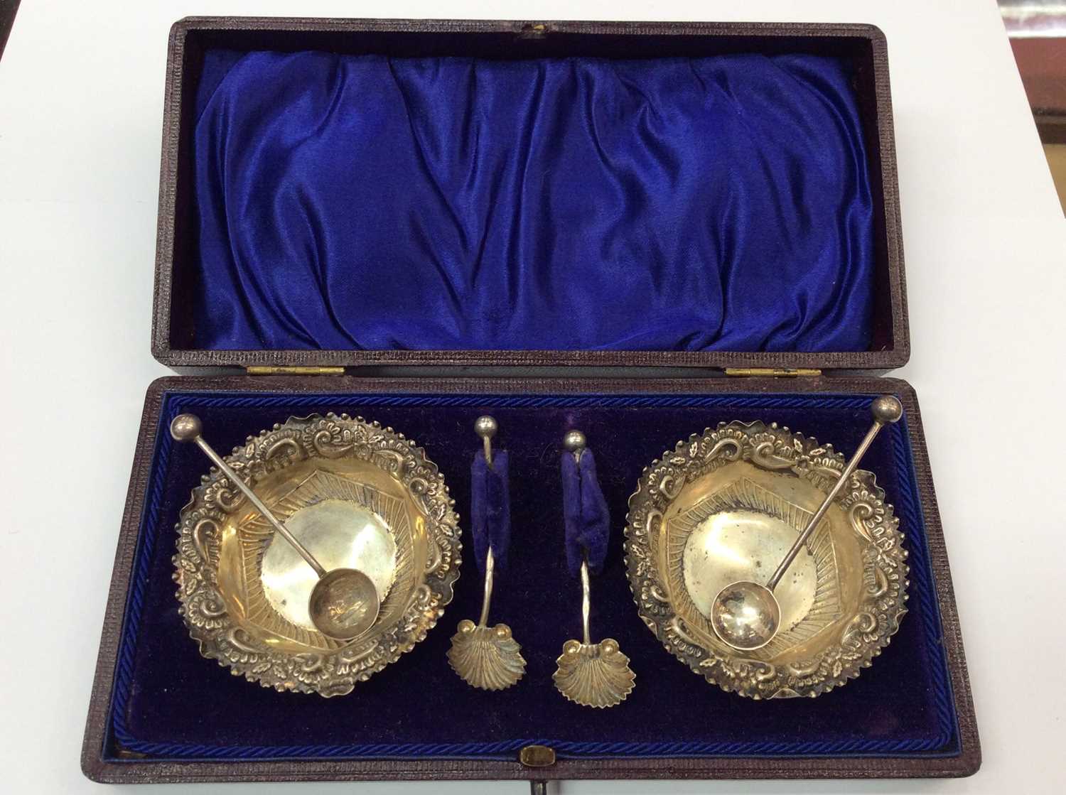 Lot 653 - Pair of Victorian silver salts with spoons in original fitted box Birmingham 1898, and an Art Deco silver and guilloche enamel nail buffer