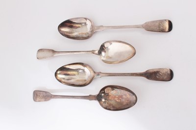 Lot 266 - Four Georgian and later fiddle pattern tablespoons, various dates and makers, all at 8oz