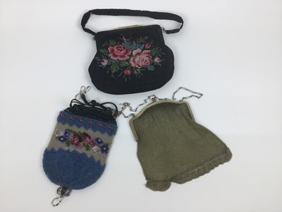 Lot 1765 - Three Edwardian beadwork, petit point (with matching coin purse) and mesh evening bags