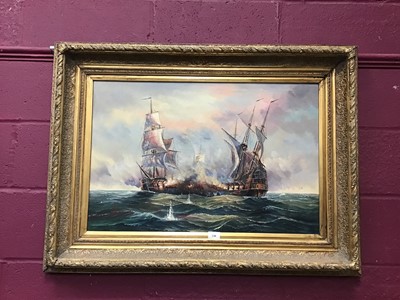 Lot 138 - 19th Century style oil on canvas depicting man-o-war in battle at sea in gilt frame. 50 cm x 75cm