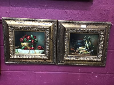 Lot 135 - Pair of still life oils on panel depicting fruit and vase in gilt framed, signed I Bianci. 30cm x 40cm