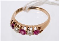 Lot 663 - Late Victorian ruby and pearl five-stone ring...