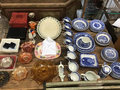 Lot 79 - Assorted quantity of Staffordshire blue and white transfer printed wares, plated knives and other assorted ceramics and carnival glass