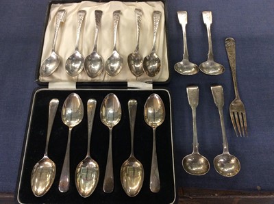 Lot 650 - Two sets of six silver teaspoons, other silver and plated flatware