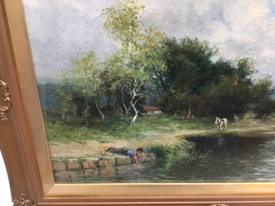 Lot 71 - Maude Raphael Jones (1863-1935) oil on canvas, A canal scene with a barge being towed by a horse, and a boy fishing for tiddlers, signed, in gilt frame