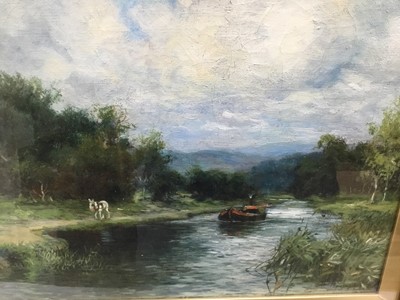 Lot 71 - Maude Raphael Jones (1863-1935) oil on canvas, A canal scene with a barge being towed by a horse, and a boy fishing for tiddlers, signed, in gilt frame