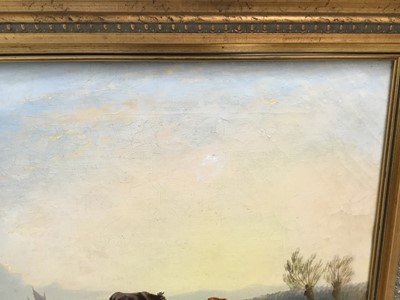 Lot 72 - English School, late 19th century, oil on canvas, A river landscape with cattle watering in the foreground, a sailing vessel beyond, in gilt frame