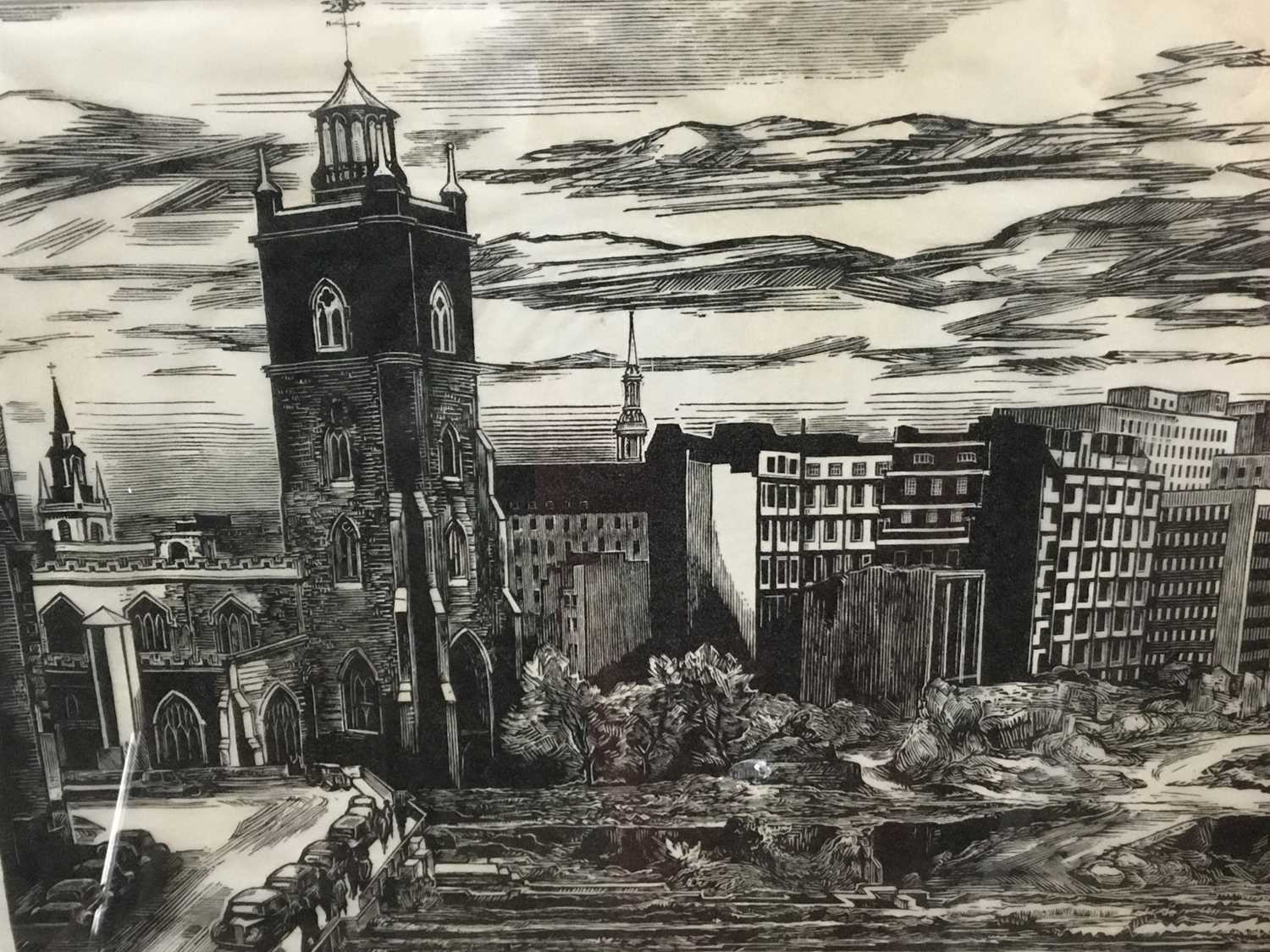 Lot 219 - Geoff Miller signed etching - post war city landscape around Barbican - please advise