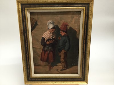 Lot 76 - Dutch School, 19th century, oil on panel, Two children with a kitten, in gilt and painted frame, 35cm x 25cm