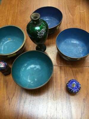 Lot 171 - Antique Japanese Ginbari cloisonné vase, four Chinese cloisonné bowls, and two cloisonné boxes
