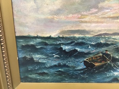 Lot 77 - A.L. Dogley, late 19th century, oil on canvas, Coastal scene with a dinghy and yacht off rocks, signed, in gilt frame, 30cm x 60cm